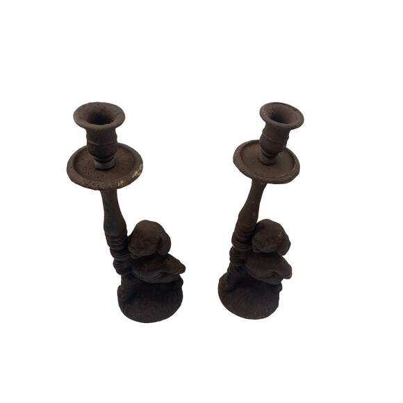 Vintage Cast Metal Iron Dogs Candlestick Candle Holder Set of 2 Dog Decor 12" - Picture 4 of 11